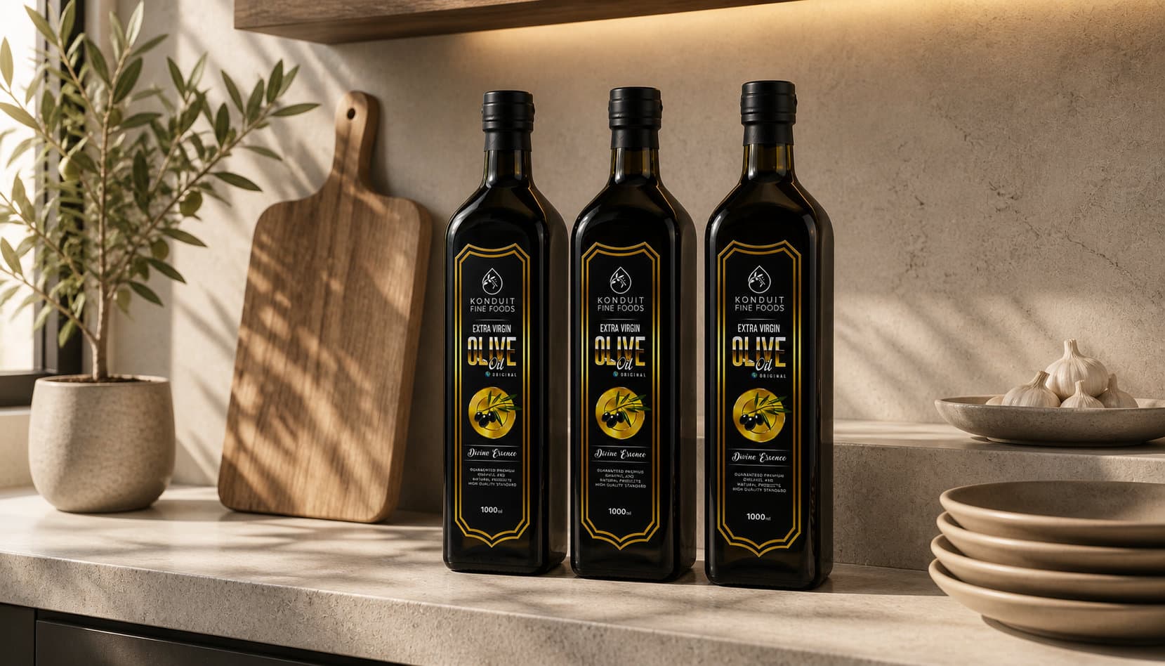 Konduit recipes and olive oil on a refined kitchen table